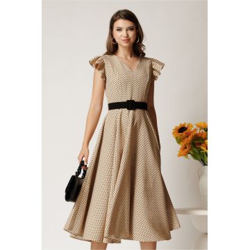 Rochie DY Fashion midi bej din stofa in clos cu buline si curea in talie