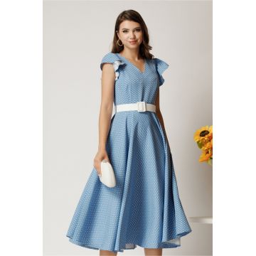 Rochie DY Fashion midi bleu din stofa in clos cu buline si curea in talie