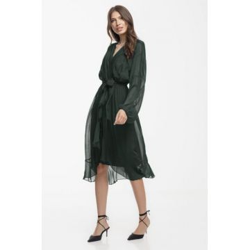 Rochie eleganta din matase naturala si vascoza, petrecuta, cu maneci vaporoase si croiala asimetrica, gri