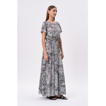 Rochie evazata din amestec de in cu imprimeu