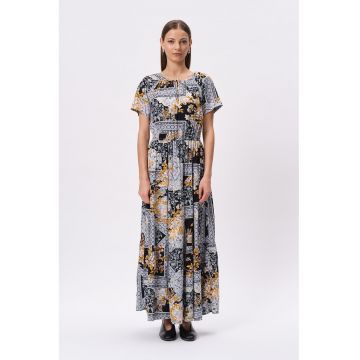 Rochie evazata din amestec de in cu imprimeu