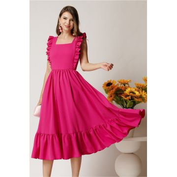 Rochie Lauren midi fucsia din triplu voal cu volane si spatele gol