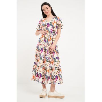 Rochie lunga cu model floral si decolteu in V