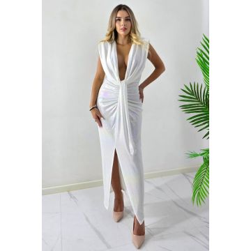 Rochie lunga de ocazie Ilaria cu decolteu adanc, Alb metalizat, Marime S/M Rochie lunga de ocazie Ilaria cu decolteu adanc, Alb metalizat, Marime S/M