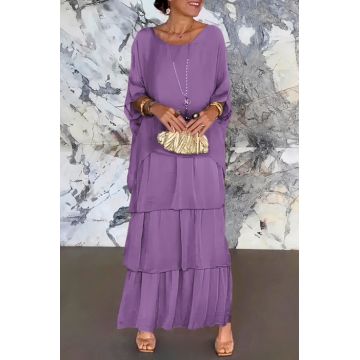 Rochie lunga suprapusa din matase si vascoza, cu trei volane mari si maneca cazuta, mov deschis