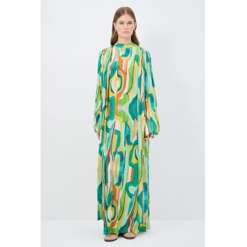 Rochie maxi lejera cu model colorblock si maneci bufante