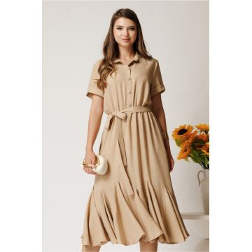 Rochie midi bej din viscoza in clos cu nasturi si cordon