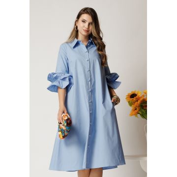 Rochie midi bleu din bumbac tip camasa cu croi A