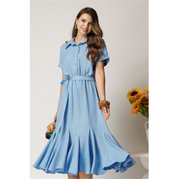 Rochie midi bleu din viscoza in clos cu nasturi si cordon