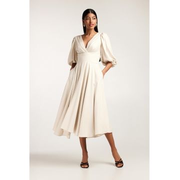 Rochie midi cu croiala in A - din amestec de bambuc - cu maneci bufante