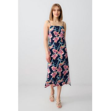 Rochie midi din amestec de in cu model floral si slit lateral