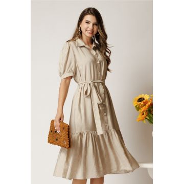 Rochie midi din viscoza bej cu dungi si cordon in talie tip camasa