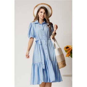 Rochie midi din viscoza bleu cu dungi si cordon in talie tip camasa