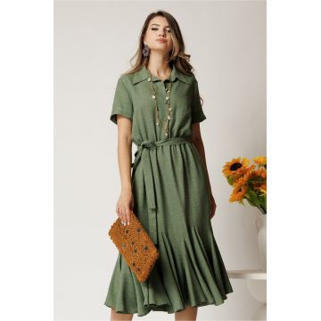 Rochie midi kaki din viscoza in clos cu nasturi si cordon