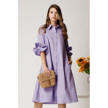 Rochie midi lila din bumbac tip camasa cu croi A