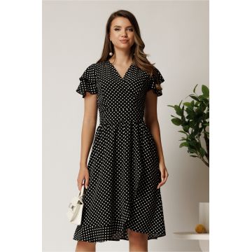 Rochie midi neagra cu buline din triplu voal in clos cu volane la maneci
