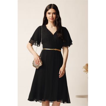 Rochie midi neagra din voal in clos cu volane la maneci si curea in talie