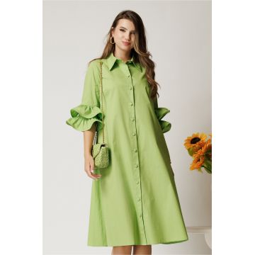 Rochie midi verde crud din bumbac tip camasa cu croi A