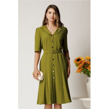 Rochie midi verde din triplu voal cu nasturi si cordon