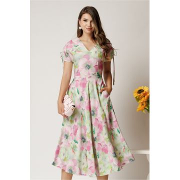 Rochie midi verde din viscoza cu flori roz in clos cu maneci scurte