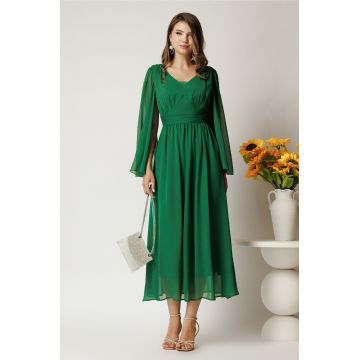 Rochie midi verde din voal creponat in clos cu maneci despicate
