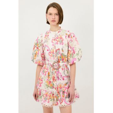 Rochie mini evazata cu model si maneci bufante