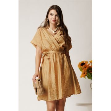 Rochie scurta bej din tencel in clos cu elastic si cordon in talie
