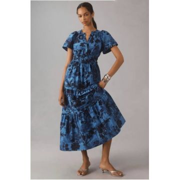 Rochie din poplin de bumbac, cu elastic in talie si volane, albastru cu bleumarin