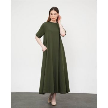 Rochie A-line, ampla, lunga, din jerseu de bumbac, kaki