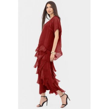 Rochie bordo din matase si vascoza cu  volane franjurate suprapuse