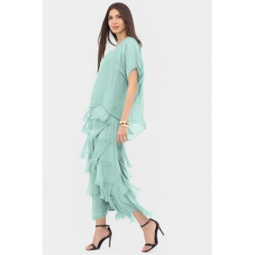 Rochie verde menta din matase si vascoza cu  volane franjurate suprapuse