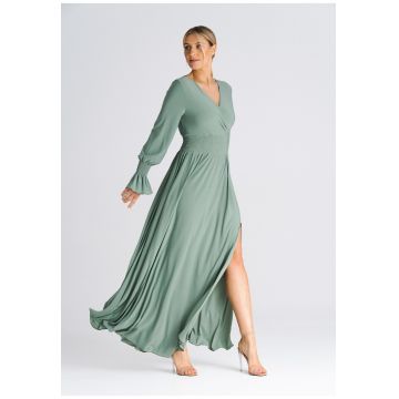 Rochie maxi  verde maslinie - talie elastica - decolteu in V - crapatura - poliester 95% elastan 5% -