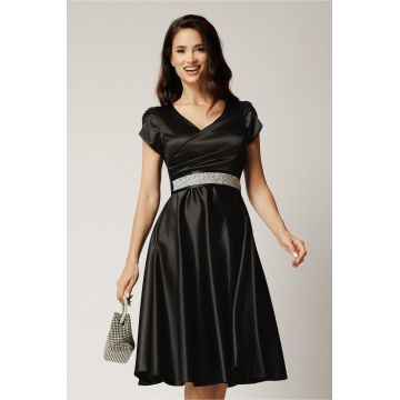 Rochie Amira midi neagra din tafta cu paiete pe maneci si cordon in talie