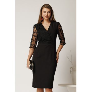 Rochie Bella midi neagra din stofa cu bust si maneci din dantela