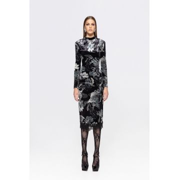 Rochie cambrata cu aspect de catifea si imprimeu