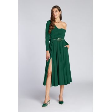 Rochie cu decolteu pe un umar si slit lateral - Verde salvie