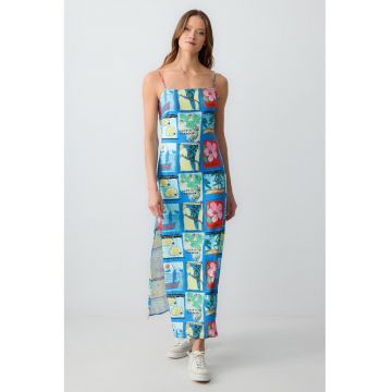 Rochie din amesec de in cu imprimeu tropical