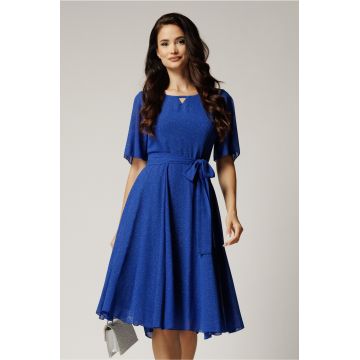 Rochie DY Fashion midi albastra din voal in clos cu glitter si cordon in talie