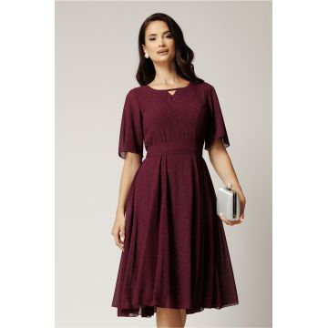 Rochie DY Fashion midi bordo din voal in clos cu glitter si cordon in talie