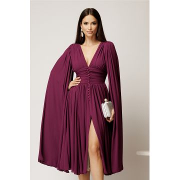 Rochie DY Fashion midi magenta din voal in clos cu nasturi si maneci ample
