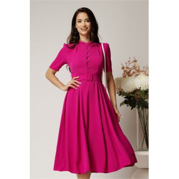 Rochie DY Fashion midi magenta in clos din triplu voal cu nasturi la bust si curea in talie