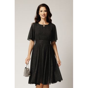 Rochie DY Fashion midi neagra din voal in clos cu glitter si cordon in talie