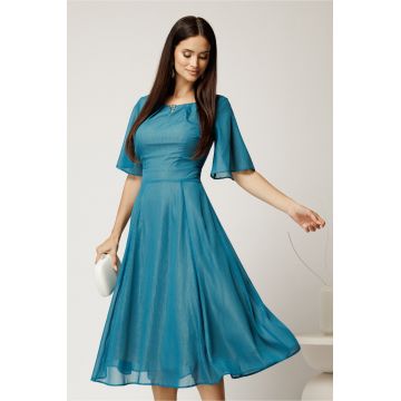 Rochie DY Fashion midi turcoaz din voal in clos cu fir lurex si accesoriu la decolteu