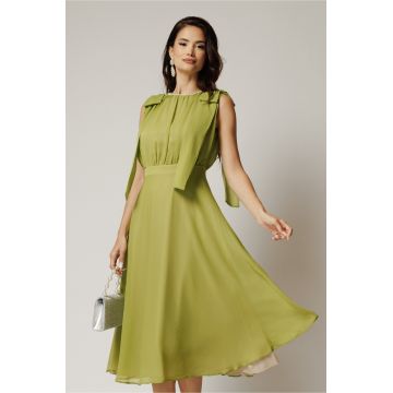 Rochie DY Fashion midi verde fistic din voal in clos cu funde la umeri
