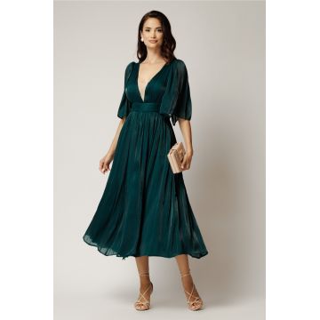 Rochie DY Fashion midi verde pin din voal in clos cu tull la decolteu si crapatura pe picior