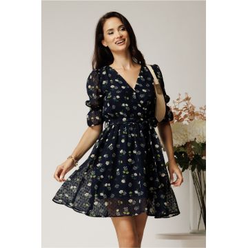 Rochie DY Fashion scurta bleumarin din voal cu floricele si cordon in talie