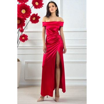 Rochie lunga de seara, DHALIA cu decolteu bateau pe umeri, Rosu, Marime S/M