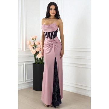 Rochie lunga de seara SYREN, in doua nuante si paiete, Roz prafuit, Marime S/M