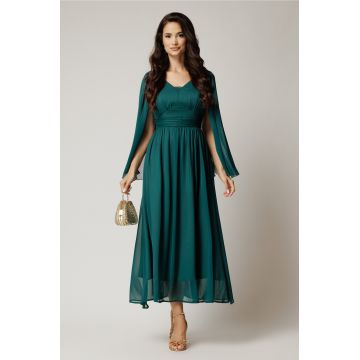 Rochie lunga verde pin din voal creponat in clos cu maneci despicate