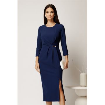 Rochie midi albastra din stofa conica cu pense si accesoriu in talie